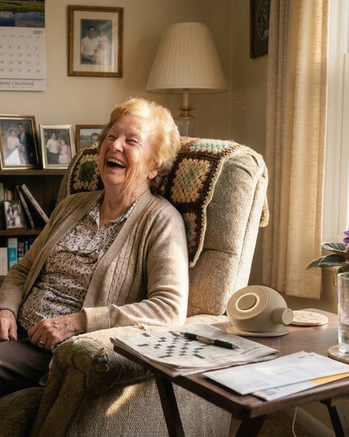 An older woman laughing in her armchair by the window, family photos behind her and the Whispr speaker on the table beside her crossword.