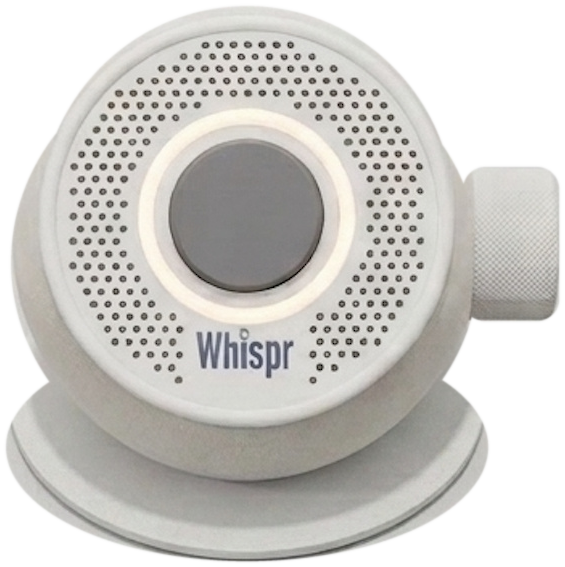 The Whispr speaker seen from the front: a round body on a flat base, a grille around one large button ringed with light, the name Whispr below it and a knurled dial on its side.