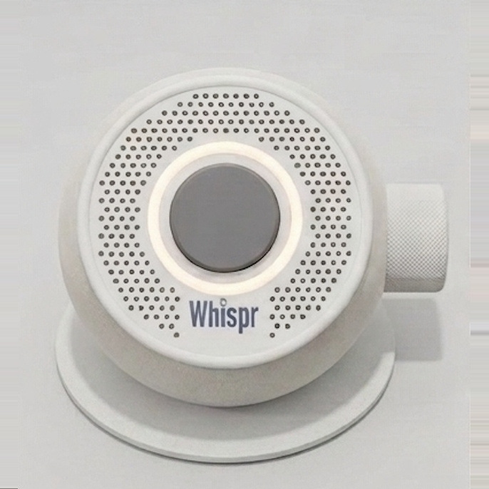 Front view: the grille, the button with its ring of light, and the name Whispr.