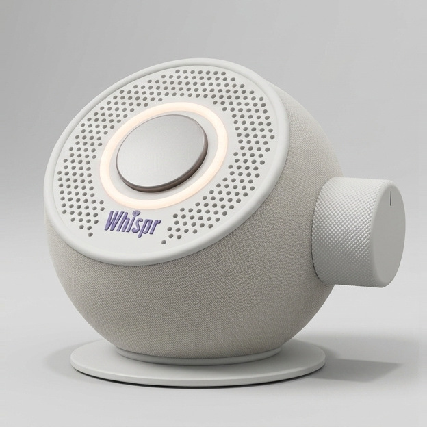 The Whispr speaker on a studio ground: a round fabric body on a flat base, with a tilted front face carrying the grille, one large button ringed with light and the name Whispr, and a single volume dial on the right side.
