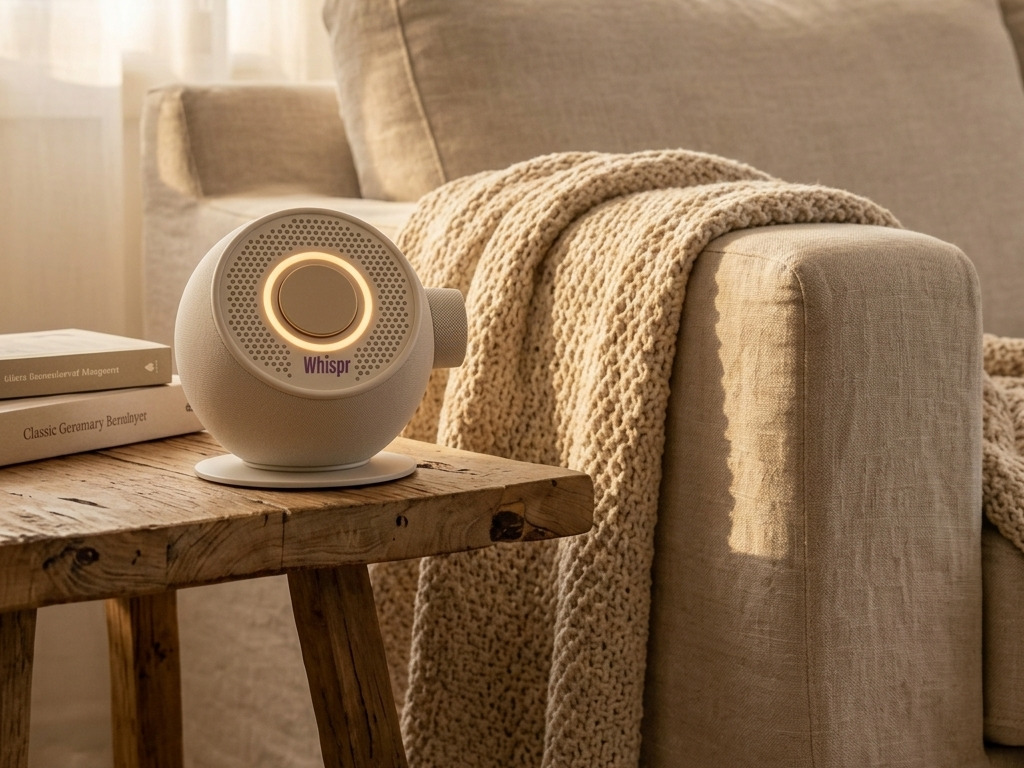 The Whispr speaker on its base plate on a wooden side table beside a sofa in warm afternoon light, the ring around its button glowing.