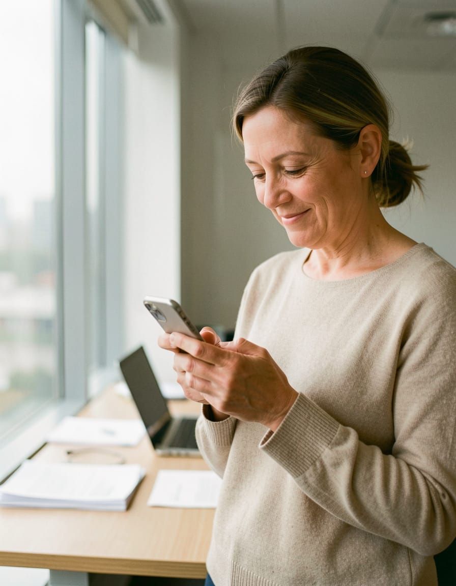 A woman in her forties smiling as she reads a message on her phone, standing by a window in her office with a laptop and papers on the desk behind her.