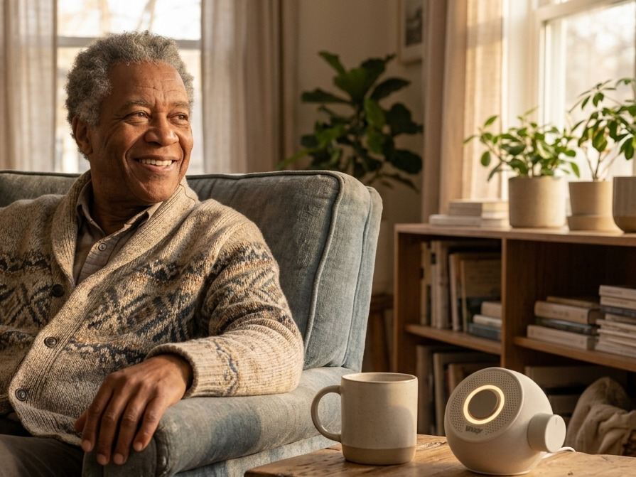 An older man in a cardigan sitting in an armchair in his living room, smiling, with a coffee mug and the Whispr speaker on the side table beside him.