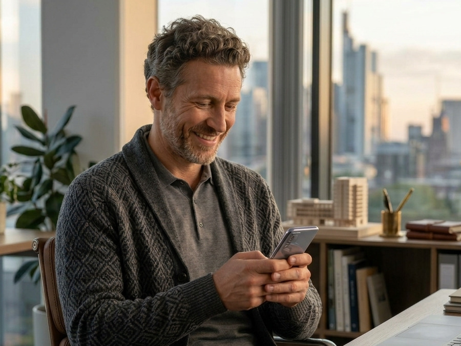 A man in his office by a window with a city view, smiling as he reads a message that has just arrived on his phone.