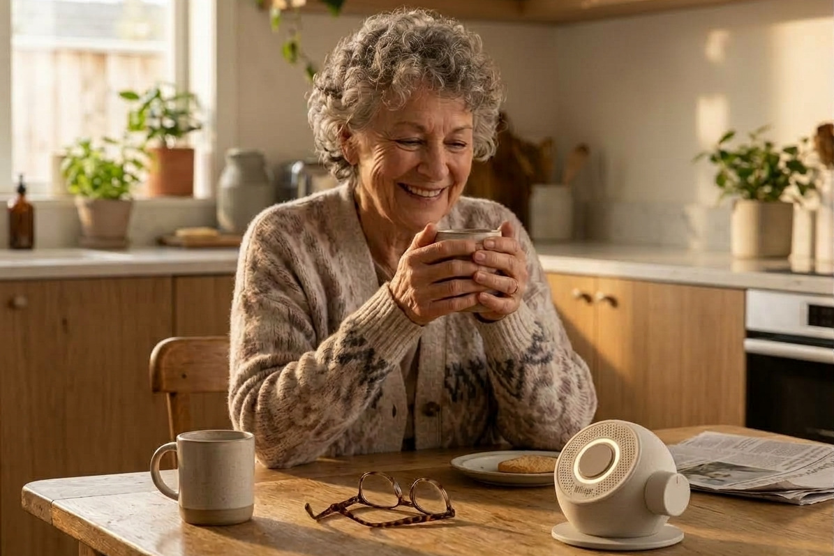 An older woman at her kitchen table, smiling over a cup of tea, with the Whispr speaker on the table in front of her.