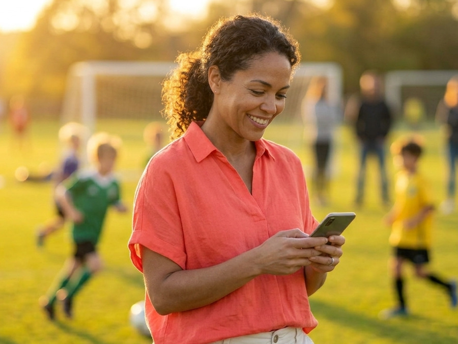 A woman on the sideline of a kids' soccer game in late afternoon sun, smiling as she types a message on her phone.